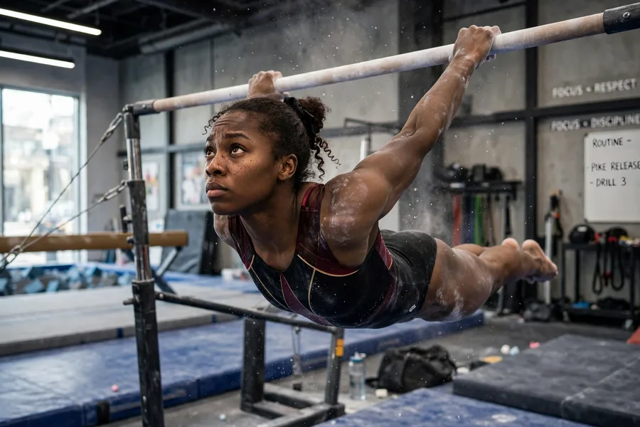 Simone Biles net worth — gymnast training on uneven bars