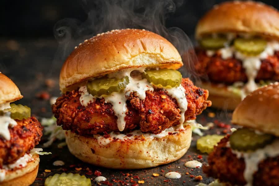 Dave's Hot Chicken sliders with pickles and sauce