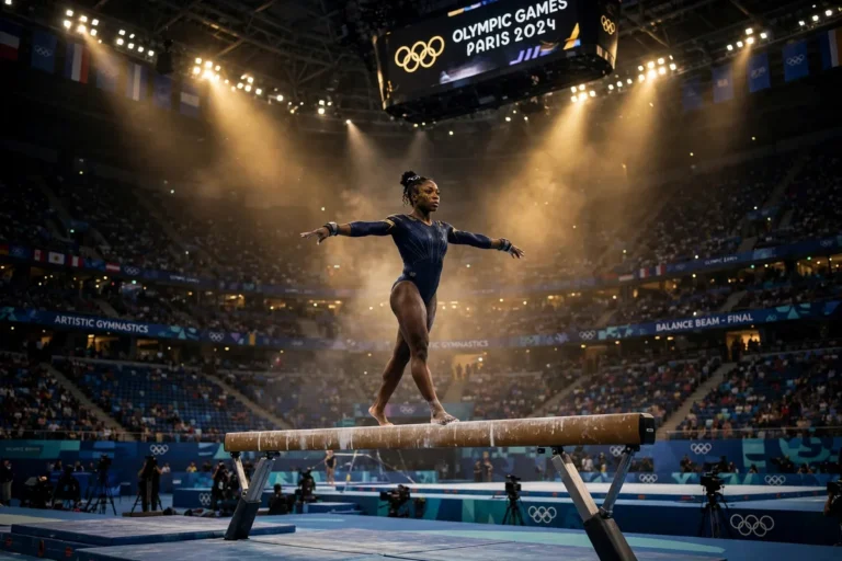 Simone Biles net worth — gymnast on balance beam in arena